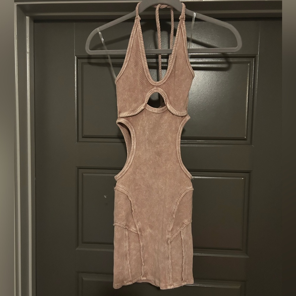 Unique dress size small, ribbed brown and cream. NEVER WORN